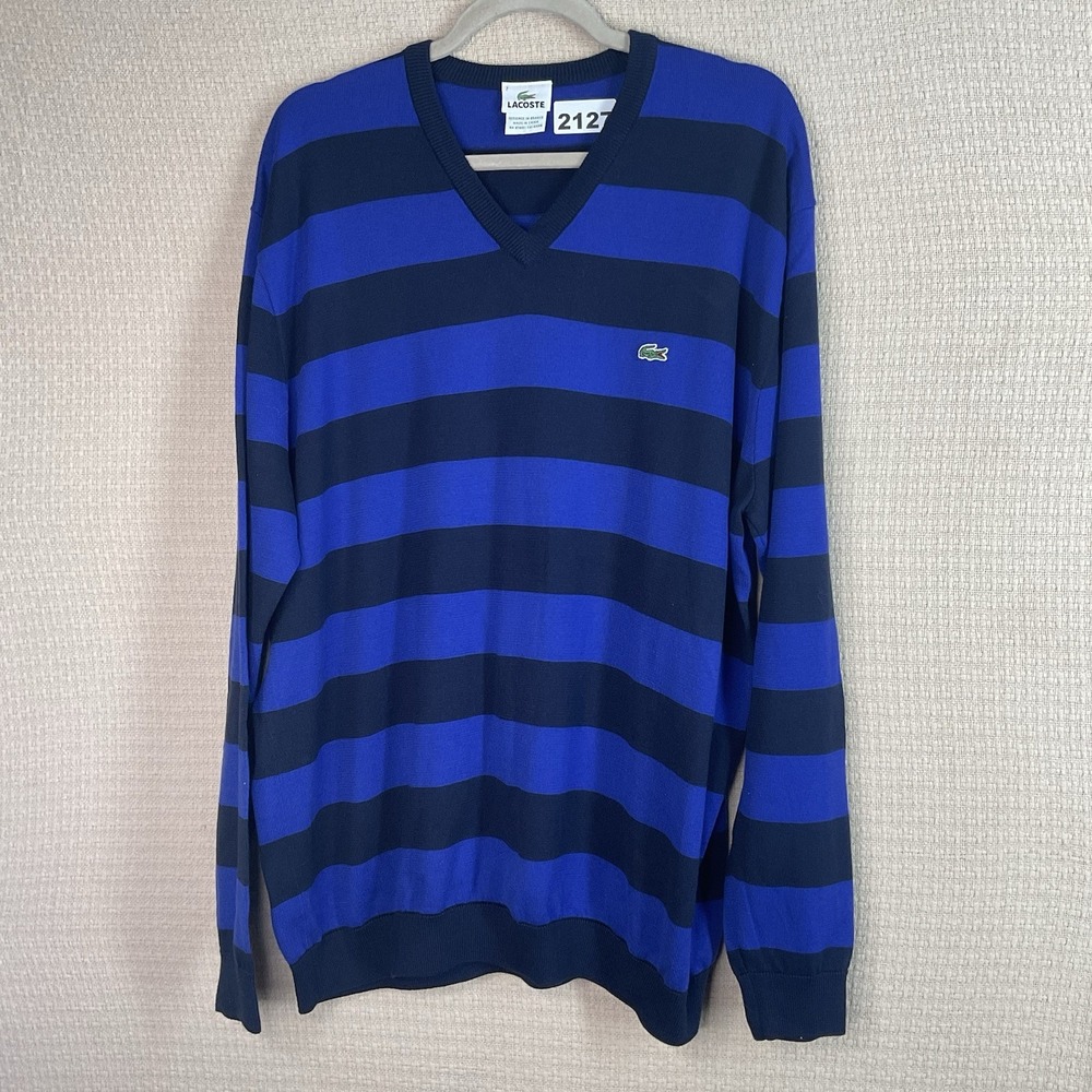NEW Lacoste Sweater Mens Size‎ 7 ( XL ) Knit V-neck Pullover Logo Blue Stripes